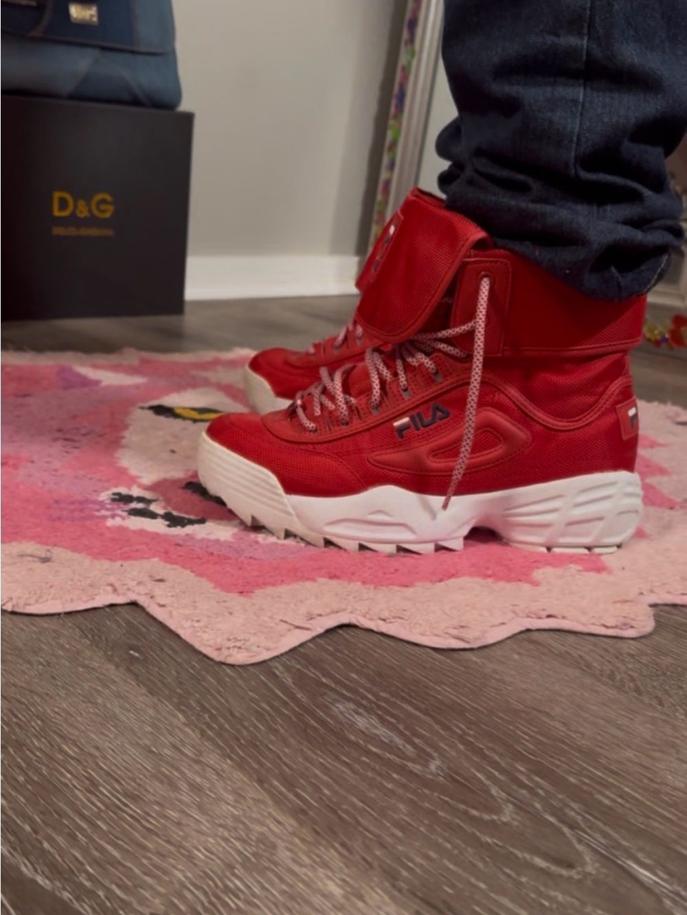 Fila Red High-Top Platform Sneakers with White Sole